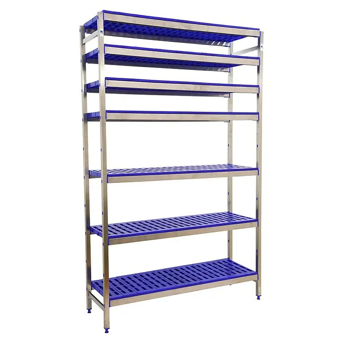 Simonrack Simoninox Metallregal Grundelement - H x B x T: 200 x 166 x 40 cm, Traglast pro Boden: 180 kg, Anzahl Böden: 7 Stk., Stecken, Material Boden: Kunststoff - Ein robustes Edelstahlregal mit sechs blauen Kunststoffböden, ideal für Lagerung und Organisation in verschiedenen Umgebungen.