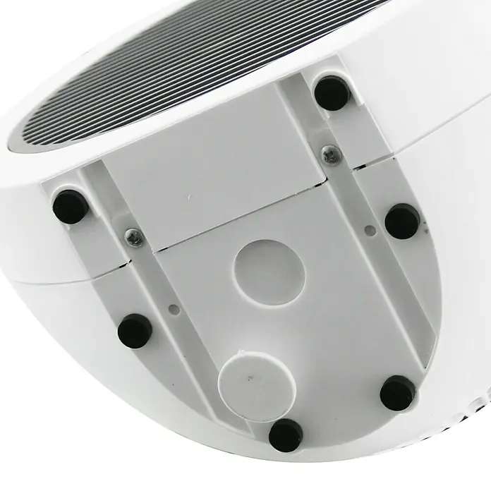 Voltomat HEATING Heizlüfter Globe - 1.000 W - 2.000 W, Grau - Detailansicht der Unterseite eines weißen Luftreinigers mit schwarzen Füßen und Schrauben.