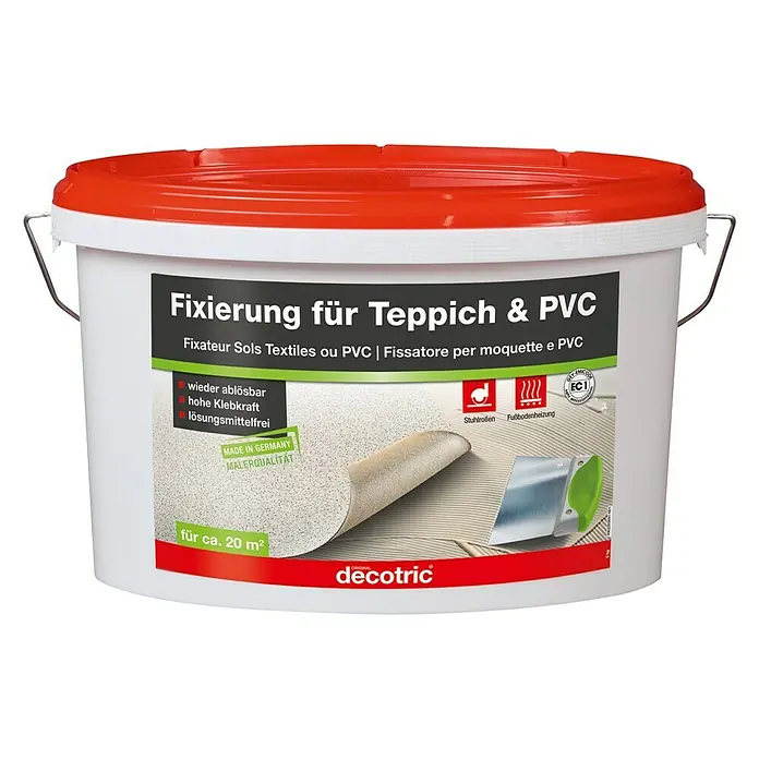 Decotric Bodenbelagfixierung - 5 kg, Gebrauchsfertig - Ein weißer Eimer mit rotem Deckel enthält Teppich- und PVC-Fixierungsmittel der Marke Decotric, ideal für ca. 20 m².