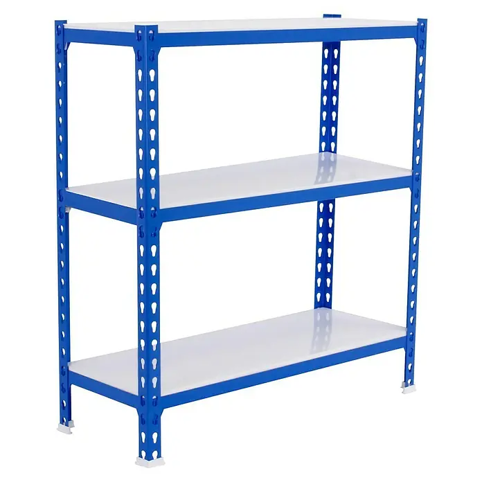 Simonrack Simonclick Metallregal Mega Plus - H x B x T: 90 x 120 x 50 cm, Traglast pro Boden: 200 kg, Anzahl Böden: 3 Stk., Stecken, Blau/Weiß - Dreiregalsystem mit blauen Metallrahmen und weißen Regalböden für Lagerung und Organisation.
