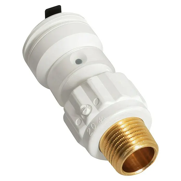Marley AquaStec Steckkupplung - Durchmesser: 20 mm, Außengewinde: ¾″ - Nahaufnahme eines weißen Wasserhahnanschlusses mit einem goldenen Gewindeende vor einem schwarzen Hintergrund.