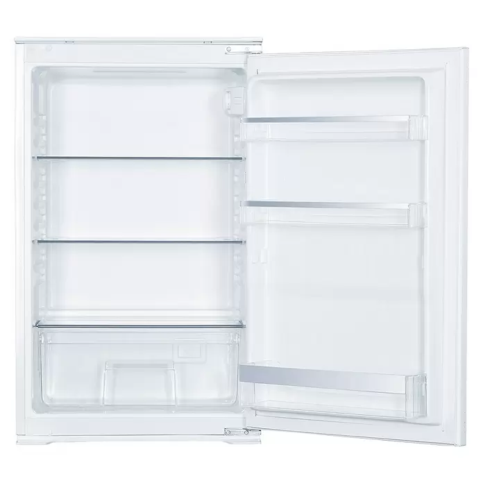 Wolkenstein Vollraumkühlschrank WKS135.0EEB - Nutzinhalt Gesamt: 129 l, 54 x 54 x 88 cm, Weiß - Offener weißer Kühlschrank-Innenraum mit klaren Ablagen und Türfächern.