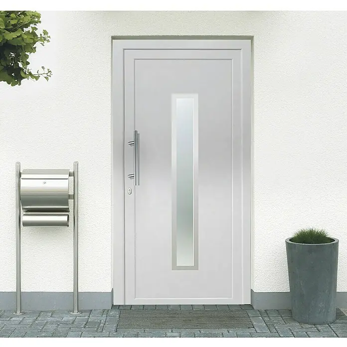 Solid Elements Haustür KF-03 - 100 x 210 cm, DIN Anschlag: Links, Weiß - Die moderne Haustür mit einem schmalen Glasfenster und einem eleganten Griff ist ein echter Hingucker. Diese Tür vereint Design und Funktion.