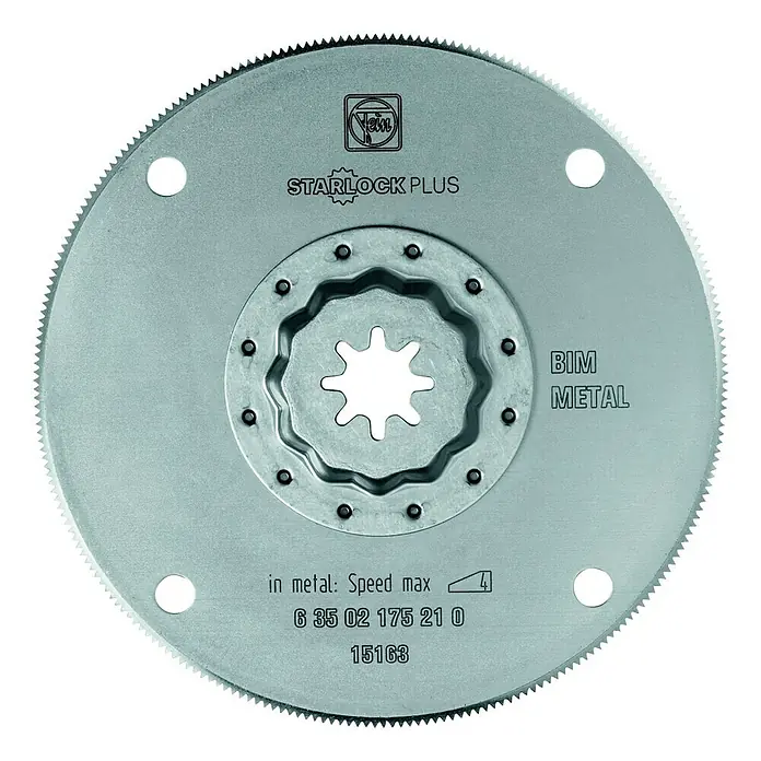 Fein Starlock Plus Hoja de sierra HSS - Apto para: Metales no ferrosos, Diámetro: 100 mm, Espesor de hoja de sierra: 0,7 mm, 5 ud. - La imagen muestra una hoja de sierra de metal FEIN Starlock Plus BIM, una herramienta para cortar metal con alta velocidad y precisión.