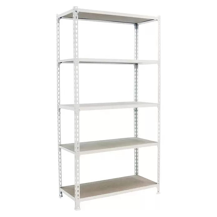 Simonrack Maderclick Estantería metálica Superplus - Al x An x Pr: 200 x 110 x 30 cm, Capacidad de carga por balda: 200 kg, Número de baldas: 5 ud., Inserción, Blanco/Madera - Estantería metálica blanca con cinco estantes gris claro.