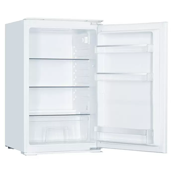 Wolkenstein Vollraumkühlschrank WKS135.0EEB - Nutzinhalt Gesamt: 129 l, 54 x 54 x 88 cm, Weiß - Offener weißer Kühlschrank mit Innenregalen und Fächern.