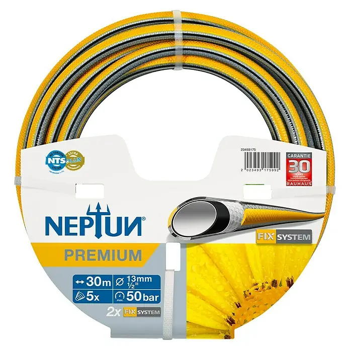 Neptun Premium Gartenschlauch - Länge: 30 m, Durchmesser: 13 mm - Abgebildet ist eine Premium-Gartenschlauchrolle von Neptun, 30 m lang, mit NTS Plus System und 30 Jahren Garantie für zuverlässige Gartenarbeit.