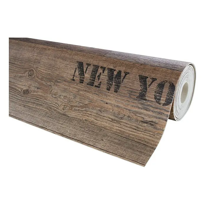 CV-Boden Meterware Memphis - 300 cm, Vino, Braun - Eine Rolle Vinylboden in Holzoptik mit dem Aufdruck "New York", ideal für die Gestaltung von Wohnräumen mit modernem Flair.