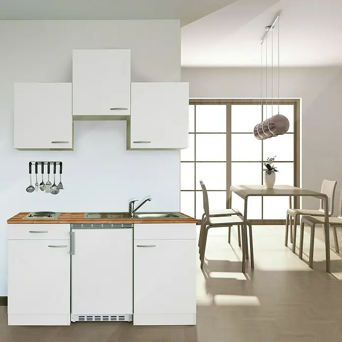 Respekta Cocina compacta Luis - Ancho: 150 cm, Blanco, Frigorífico y placa vitrocerámica - Cocina compacta con armarios blancos, fregadero y fogones, ideal para espacios pequeños.