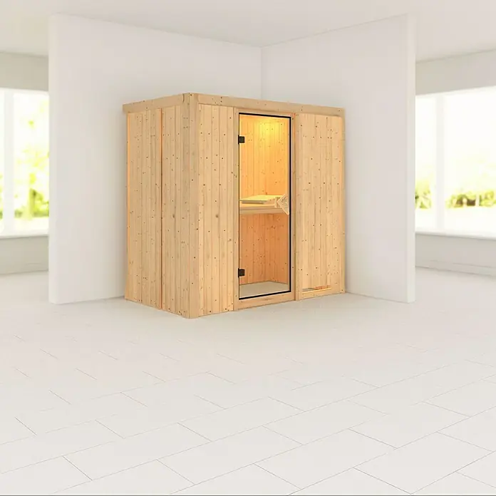 Karibu Elementsauna Variado - Ohne Dachkranz, Ohne Ofen, L x B x H: 196 x 118 x 192 cm - Innenaufnahme einer Holzsauna mit Glastür in einem hellen Raum, die Wärme und Entspannung verspricht.
