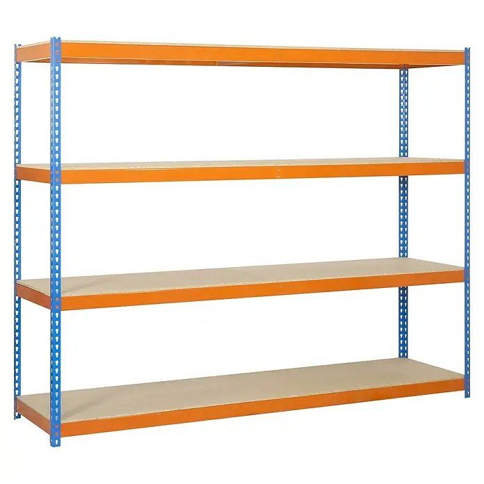 Simonrack Ecoforte Schwerlastregal Chipboard - H x B x T: 200 x 120 x 45 cm, Traglast pro Boden: 400 kg, Anzahl Böden: 4 Stk., Stecken, Blau/Orange - Das Bild zeigt ein blau-oranges Schwerlastregal mit vier Regalböden, ideal für Lagerung.