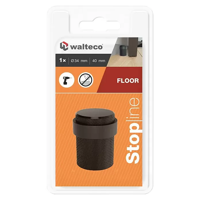 Walteco Bodentürstopper - Ø x H: 34 x 40 mm, Metall - Schwarzer, texturierter bodenmontierter Türstopper auf Verpackung, mit Hinweis auf Bodeninstallation.
