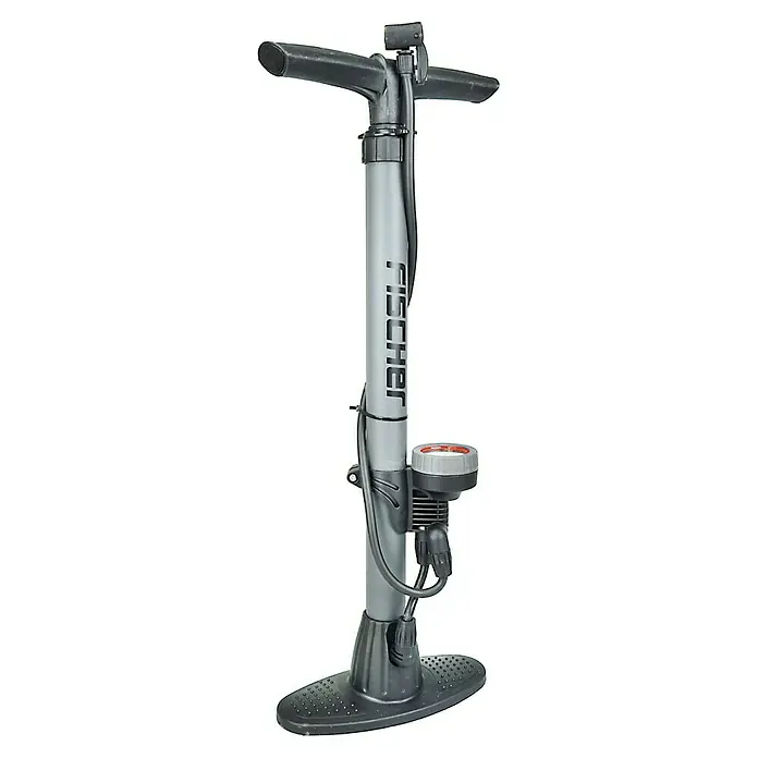 Fischer Standpumpe - Druck: 7 bar, Ausstattung: Manometer - Eine graue Fischer-Standluftpumpe mit Manometer und schwarzem Griff, ideal zum Aufpumpen von Fahrradreifen.