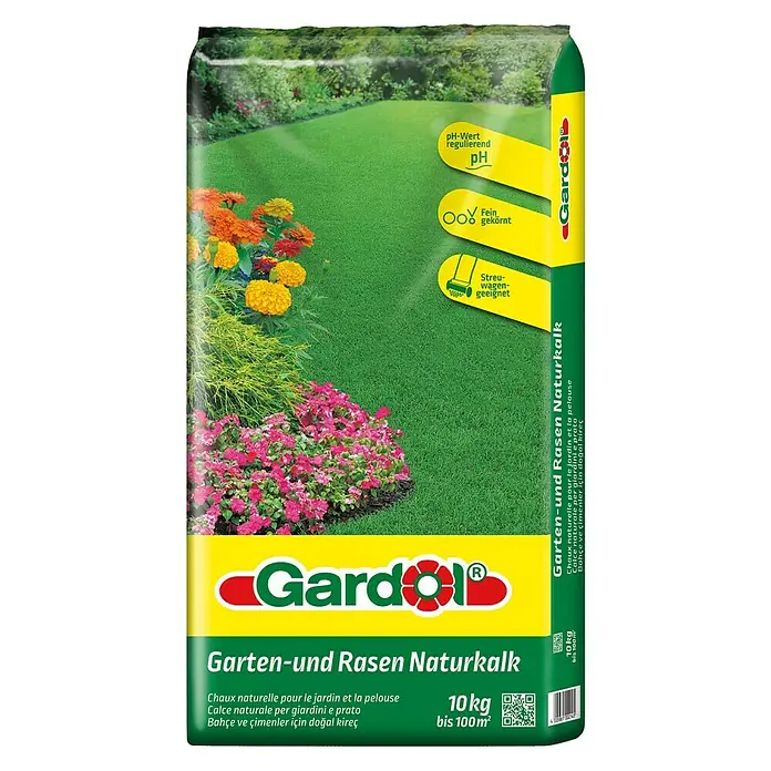 Gardol Gartenkalk - 10 kg, Max. Anwendungsfläche: 100 m² - Abbildung eines Sackes Gardol Garten-und Rasen Naturkalk. Es ist zur Anwendung im Garten und Rasen. pH-Wert regulierend, fein gekörnt.