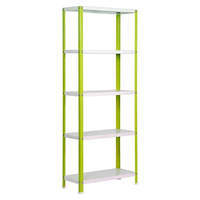 Simonrack Simonhome Metallregal Classic Mini - H x B x T: 180 x 80 x 30 cm, Traglast pro Boden: 100 kg, Anzahl Böden: 5 Stk., Schrauben, Grün/Weiß - Ein Regal mit fünf Böden und einem Rahmen in Hellgrün. Das Regal ist ideal für die Aufbewahrung verschiedener Gegenstände.