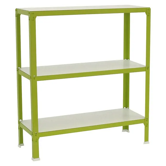 Simonrack Simonhome Metallregal Click Wood Mini - H x B x T: 90 x 80 x 30 cm, Traglast pro Boden: 150 kg, Anzahl Böden: 3 Stk., Stecken, Grün/Weiß - Das Bild zeigt ein dreistufiges Regal mit einem hellgrünen Rahmen und weißen Regalböden vor einem schwarzen Hintergrund.