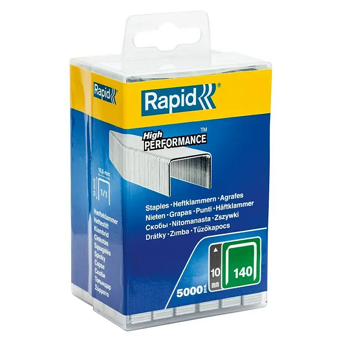 Rapid Flachdrahtklammern Typ 140 - Länge: 10 mm, Rückenbreite: 10,6 mm, 5.000 Stk., Kunststoffbox - Bild einer Rapid High Performance Heftklammerpackung mit 5000 Stück, 10 mm Länge und Typ 140.