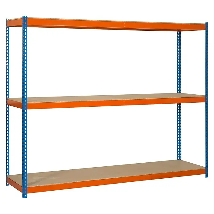 Simonrack Simonforte Schwerlastregal Simonforte Chipboard - H x B x T: 200 x 240 x 60 cm, Traglast pro Boden: 400 kg, Anzahl Böden: 3 Stk., Stecken, Blau/Orange - Dreiregales Schwerlastregal mit blauem Rahmen und Holzregalböden für Lagerung und Organisation.
