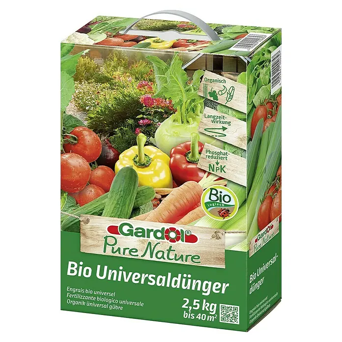 Gardol Pure Nature Bio-Universaldünger - 2,5 kg, Max. Anwendungsfläche: 40 m² - Abbildung der Verpackung von Gardol Bio Universaldünger, einem organischen Dünger für den Garten.