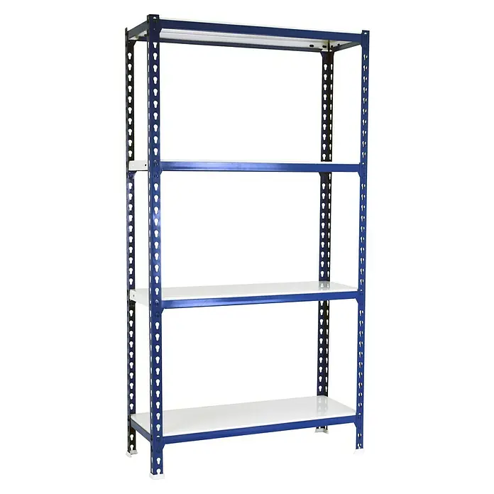 Simonrack Simonclick Metallregal Simonclick Plus - H x B x T: 150 x 100 x 30 cm, Traglast pro Boden: 180 kg, Anzahl Böden: 4 Stk., Stecken, Blau/Weiß - Blaues Metallregal mit vier weißen Regalböden zur Aufbewahrung und Organisation von Gegenständen.