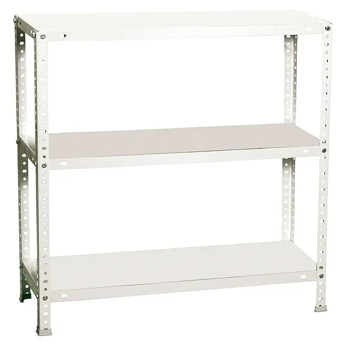 Simonrack Simonclassic Metallregal Advantage - H x B x T: 90 x 90 x 50 cm, Traglast pro Boden: 75 kg, Anzahl Böden: 3 Stk., Schrauben, Weiß - Das Bild zeigt ein weißes Lagerregal mit drei Ebenen und gelochten Metallstreben, ideal für die Organisation und Aufbewahrung von Gegenständen.