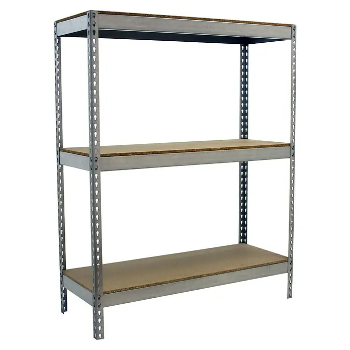 Simonrack Simontaller Schwerlastregal Ecoforte Chipboard - H x B x T: 150 x 150 x 75 cm, Traglast pro Boden: 400 kg, Anzahl Böden: 3 Stk., Stecken, Silber - Regal mit drei Ablagen und grauem Metallrahmen, ideal für Lagerung und Organisation.