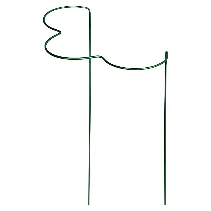 Bellissa Staudenstütze Round - Ø x H: 40 x 40 cm, Gebogen - Das Bild zeigt eine grüne Pflanzenstütze aus Draht, die eine herzförmige und eine gebogene Form hat. Sie dient als Halterung für Pflanzen im Garten.