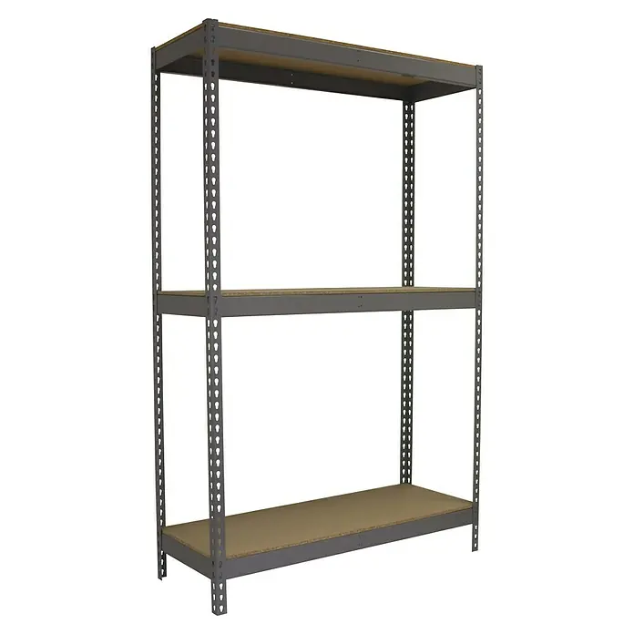 Simonrack Simontaller Schwerlastregal Ecoforte Chipboard - H x B x T: 150 x 120 x 75 cm, Traglast pro Boden: 400 kg, Anzahl Böden: 3 Stk., Stecken, Grau - Ein dreistufiges Lagerregal aus Metall mit Holzregalböden ist vor einem schwarzen Hintergrund abgebildet.