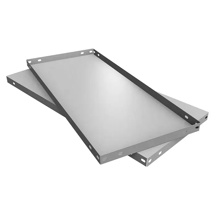 Simonrack Simonclassic Fachboden - B x T x H: 40 x 110 x 3,5 cm, Metall, Grau - Zwei graue Metallablagen liegen übereinander, ideal für Lagerung und Organisation im industriellen oder gewerblichen Bereich.