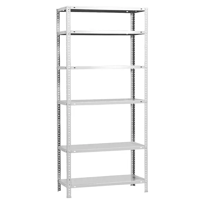 Simonrack Simonclassic Metallregal Comfort Plus - H x B x T: 200 x 100 x 50 cm, Traglast pro Boden: 100 kg, Anzahl Böden: 6 Stk., Schrauben, Weiß - Ein graues Metallregal mit sechs Ablageflächen, ideal für Lagerung und Organisation in verschiedenen Umgebungen. Robuste Konstruktion für schwere Gegenstände.