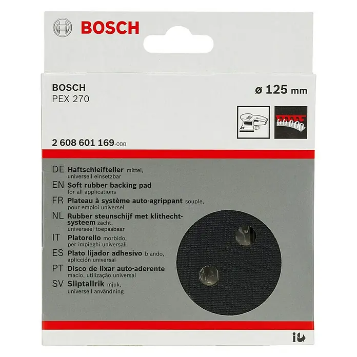 Bosch Schleifplatte - Passend für: Bosch Exzenterschleifer PEX 270/270 AE - Image of the Bosch PEX 270 soft rubber backing pad, designed for versatile use and suitable for various applications.