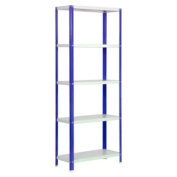 Simonrack Simonhome Metallregal Classic Mini - H x B x T: 180 x 80 x 40 cm, Traglast pro Boden: 100 kg, Anzahl Böden: 5 Stk., Schrauben, Blau/Weiß - Regal mit fünf weißen Regalböden und einem blauen Metallrahmen, perfekt für die Organisation von Gegenständen im Haus oder Büro.
