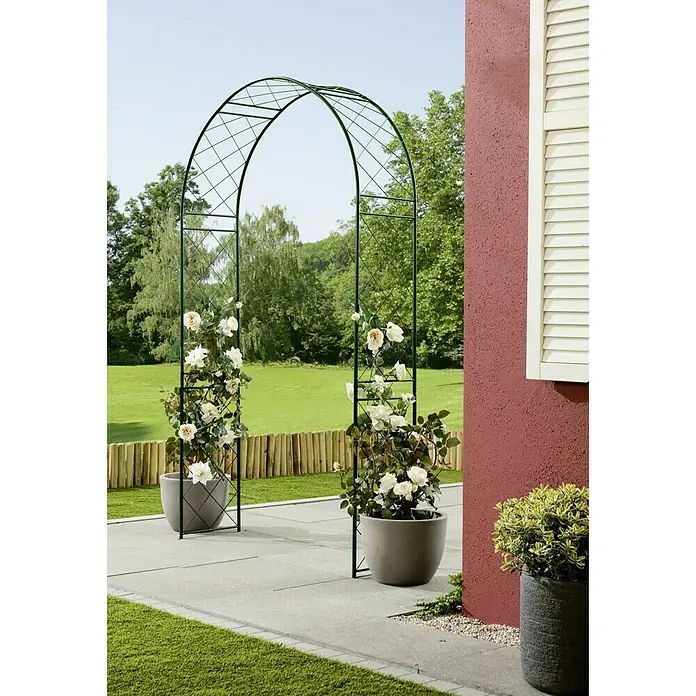Gardol RosenbogenGrün, 36 x 124 x 236 cm - Ein grüner Rosenbogen mit blühenden Rosen in Töpfen, der einen eleganten Akzent in jedem Garten setzt. Perfekt für Kletterpflanzen und als Gartendekoration.