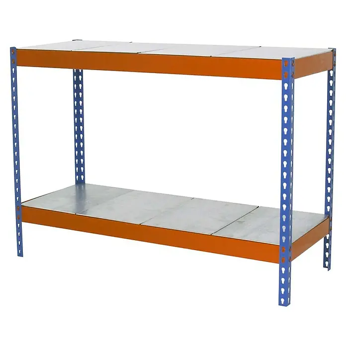 Simonrack Ecoforte Metallregal Ecoforte Metall - H x B x T: 90 x 150 x 45 cm, Traglast pro Boden: 400 kg, Anzahl Böden: 2 Stk., Stecken, Blau/Orange - Abbildung eines Regalsystems mit zwei Ebenen, bestehend aus orangefarbenen Rahmen und grauem Regalboden, das für Lagerzwecke geeignet ist.