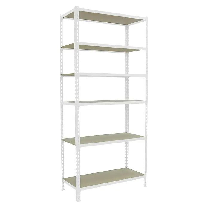 Simonrack Maderclick Metallregal Maderclick - H x B x T: 250 x 90 x 40 cm, Traglast pro Boden: 150 kg, Anzahl Böden: 6 Stk., Stecken, Weiß - Weißes Regal mit fünf hellgrauen Regalböden. Das robuste Regal bietet viel Stauraum und ist eine praktische Lösung für Ordnung.