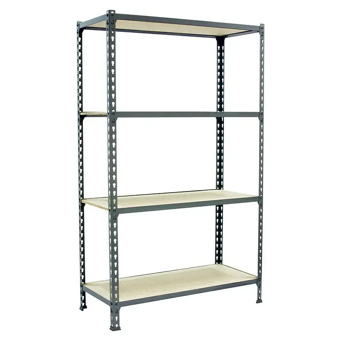 Simonrack Maderclick Metallregal Maderclick Mini - H x B x T: 150 x 80 x 30 cm, Traglast pro Boden: 150 kg, Anzahl Böden: 4 Stk., Stecken, Grau - Ein graues Metallregal mit vier Regalböden aus hellem Holz, ideal für Lagerung und Organisation im Keller oder der Garage.