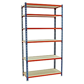 Simonrack Maderclick Estantería metálica Plus (Al x An x Pr: 250 x 100 x 50 cm, Capacidad de carga por balda: 150 kg, Número de baldas: 6 ud., Inserción, Azul/Naranja)