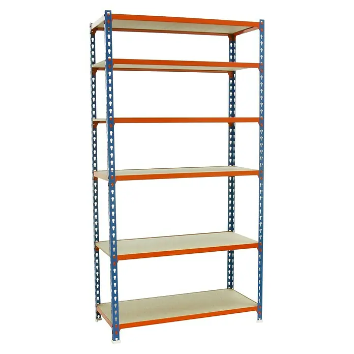 Simonrack Maderclick Metallregal Maderclick Plus - H x B x T: 250 x 100 x 30 cm, Traglast pro Boden: 150 kg, Anzahl Böden: 6 Stk., Stecken, Blau/Orange - Ein Regal mit robusten Metallrahmen und stabilen Regalböden, ideal für Lagerung und Organisation.