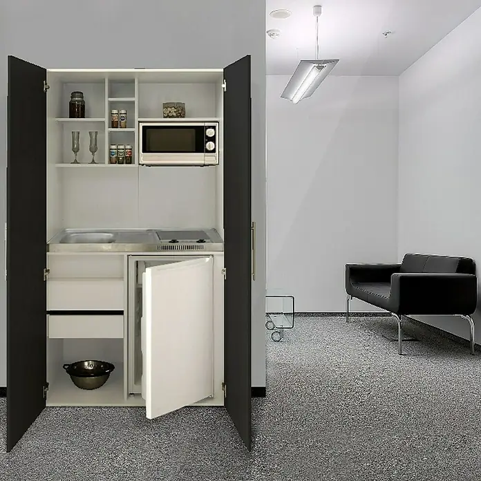 Respekta Cocina en armario Peter - Ancho: 104 cm, Negro, Con placa vitrocerámica y microondas - Cocina compacta con microondas, fregadero, placa y nevera, perfecta para espacios pequeños y un estilo moderno.