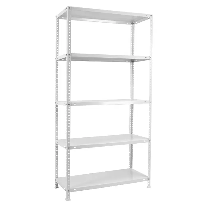 Simonrack Simonclassic Metallregal Comfort Super Plus - H x B x T: 200 x 110 x 40 cm, Traglast pro Boden: 100 kg, Anzahl Böden: 5 Stk., Schrauben, Weiß - Abbildung eines weißen Metallregals mit fünf Ablagen. Das Regal ist stabil und für die Lagerung verschiedener Gegenstände geeignet.