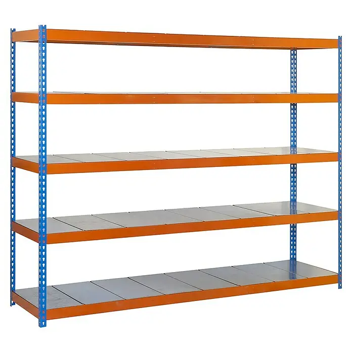 Simonrack Simonforte Schwerlastregal Simonforte Metall - H x B x T: 200 x 210 x 75 cm, Traglast pro Boden: 500 kg, Anzahl Böden: 5 Stk., Stecken, Blau/Orange/Silber - Schwerlastregal mit fünf Ablagen. Ideal für Lagerhaltung und Organisation. Robuste Konstruktion für hohe Belastbarkeit.