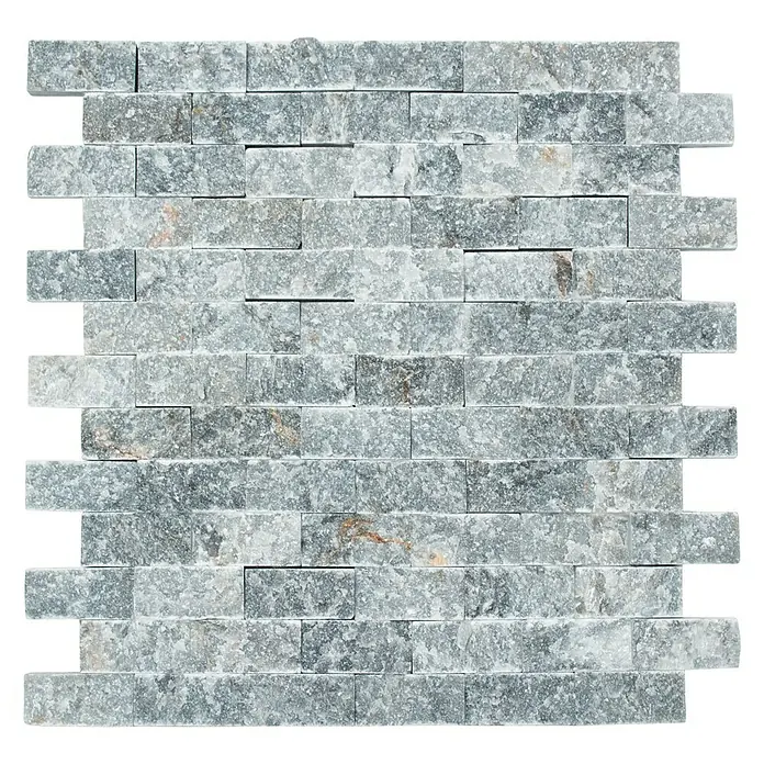 Mosaikfliese Brick Splitface X3D 48196 - 30,5 x 29 cm, Anthrazit, Matt - Graue Mosaikfliesen aus Naturstein für Wandverkleidung, ideal für Bad und Küche. Die Steine sind rechteckig und unregelmäßig.