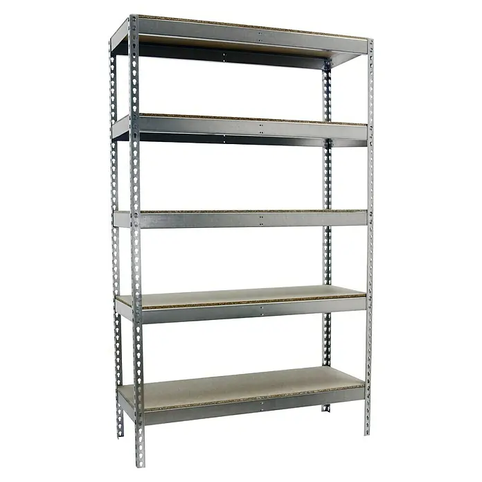 Simonrack Simonforte Schwerlastregal Simonforte Chipboard - H x B x T: 300 x 120 x 45 cm, Traglast pro Boden: 600 kg, Anzahl Böden: 5 Stk., Stecken, Silber - Metallregal mit fünf Regalböden. Das Regal ist grau und hat eine stabile Konstruktion, ideal für Lagerung.