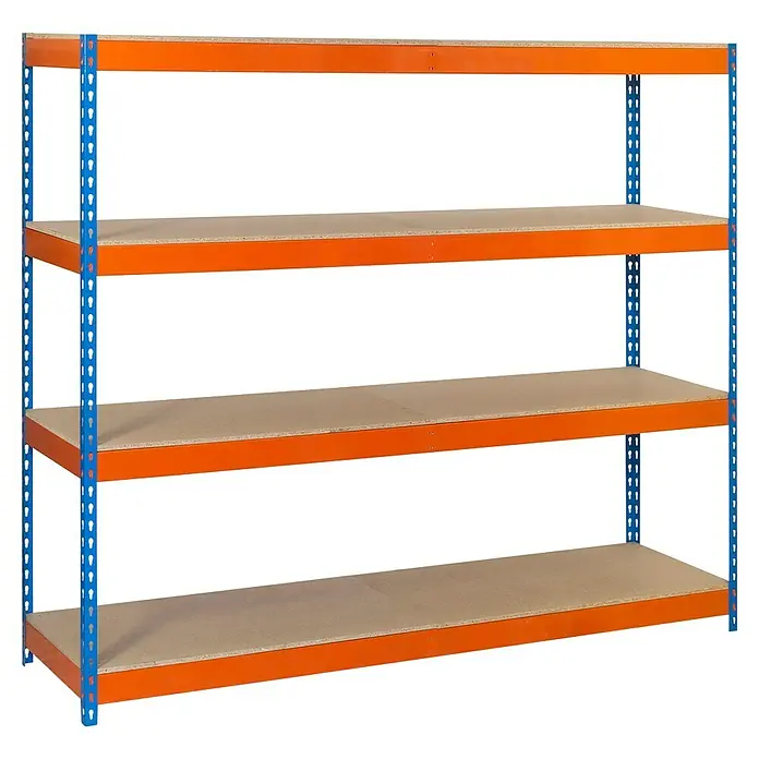 Simonrack Simonforte Schwerlastregal Simonforte Chipboard - H x B x T: 200 x 210 x 45 cm, Traglast pro Boden: 500 kg, Anzahl Böden: 2 Stk., Stecken, Blau/Orange - Ein blau-oranges Lagerregal mit vier Ebenen. Das Regal eignet sich ideal für die Lagerung von Waren in Lagerhallen oder Werkstätten.