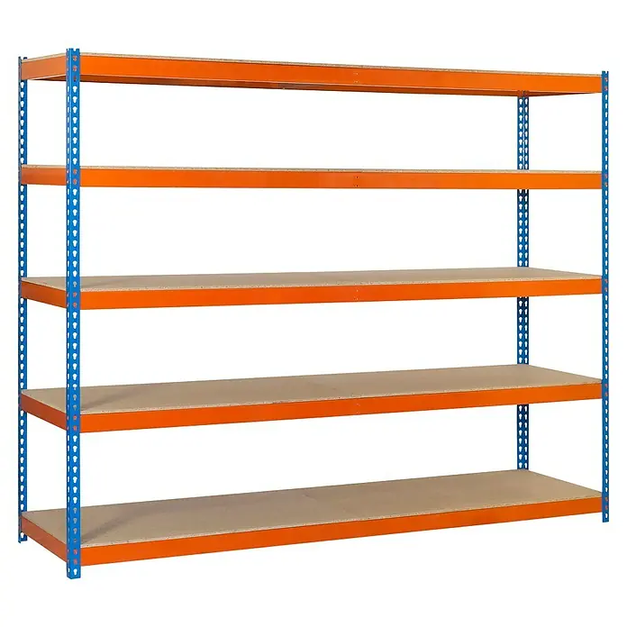 Simonrack Simonforte Schwerlastregal Simonforte Chipboard - H x B x T: 250 x 120 x 45 cm, Traglast pro Boden: 600 kg, Anzahl Böden: 5 Stk., Stecken, Blau/Orange - Ein blau-oranges Schwerlastregal mit fünf Regalböden, ideal für Lagerung und Ordnung.