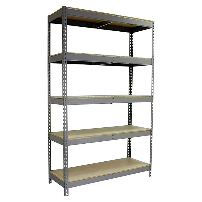 Simonrack Ecoforte Schwerlastregal Chipboard - H x B x T: 200 x 150 x 45 cm, Traglast pro Boden: 400 kg, Anzahl Böden: 5 Stk., Stecken, Grau - Hier ist ein Regal mit fünf Ebenen, das sich ideal für die Aufbewahrung von Gegenständen eignet und durch sein robustes Design besticht.