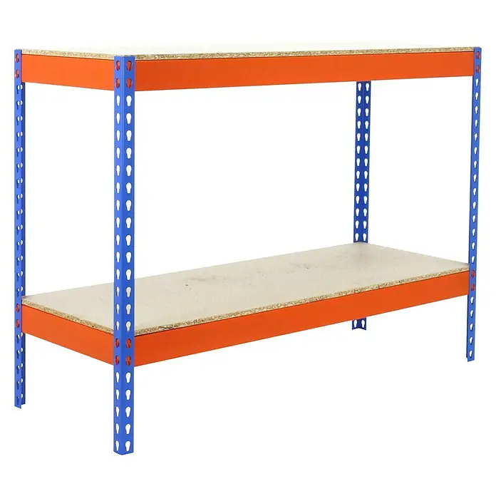 Simonrack Simonforte Schwerlastregal Simonforte Chipboard - H x B x T: 90 x 150 x 60 cm, Traglast pro Boden: 600 kg, Anzahl Böden: 2 Stk., Stecken, Blau/Orange - Ein Regal mit zwei Ebenen, blauen Metallrahmen und orangefarbenen Seiten mit Holzplatten für Lagerzwecke.