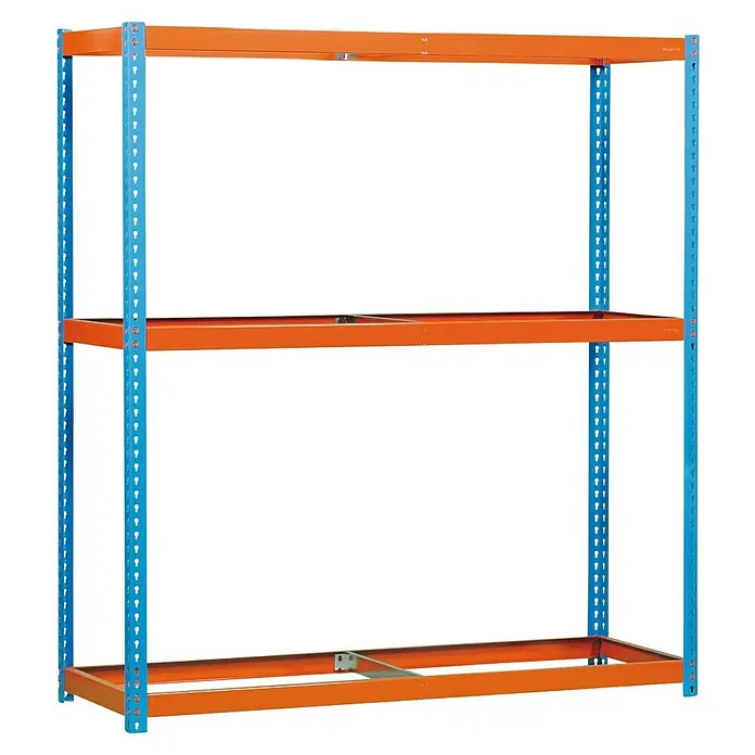Simonrack Simonforte Estantería para cargas pesadas - Al x An x Pr: 200 x 240 x 45 cm, Número de baldas: 3 ud., Inserción, Azul/Naranja, Capacidad de carga por balda: 400 kg - Imagen de una estantería de tres niveles, con estructura azul y estantes naranjas.