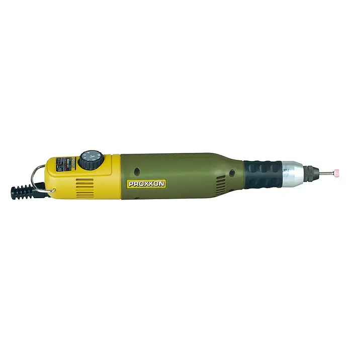 Proxxon Micromot Bohr- & Fräsgerät 60/E No 28510 - 40 W - Abbildung eines Proxxon-Bohrschleifers mit verschiedenen Aufsätzen, ideal für detaillierte Schleifarbeiten und Modellbauprojekte.