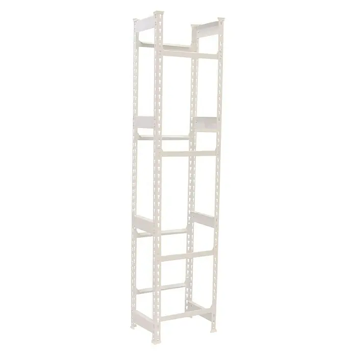 Simonrack Simonbottle Getränkekistenregal Bottleclick - H x B x T: 200 x 40 x 30 cm, Traglast Einlegeboden: 100 kg, Anzahl Böden: 4 Stk., Stecken, Weiß - Ein weißes, leeres Regalgestell, das aus mehreren Ebenen besteht, die durch vertikale Stützen verbunden sind.